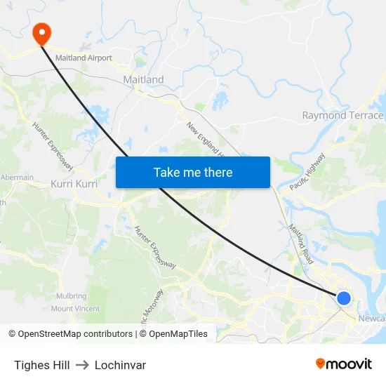 Tighes Hill to Lochinvar map