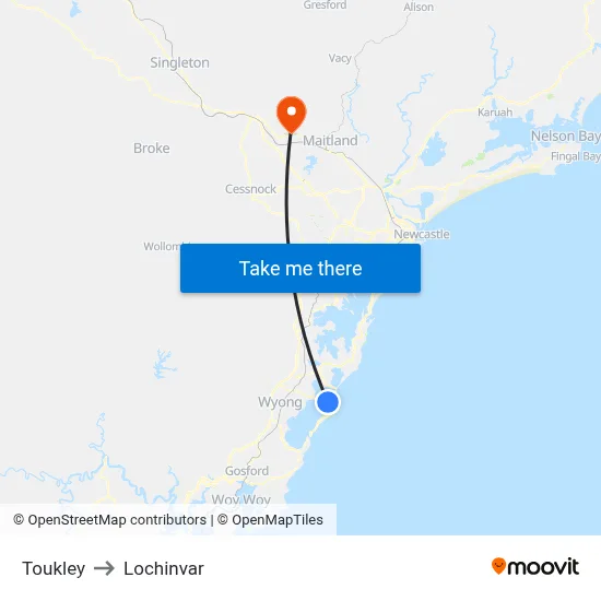 Toukley to Lochinvar map