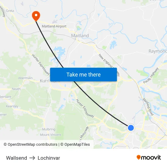 Wallsend to Lochinvar map