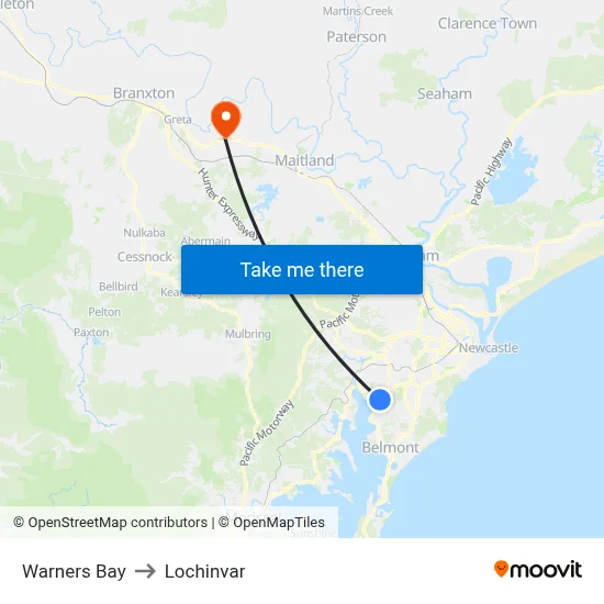 Warners Bay to Lochinvar map
