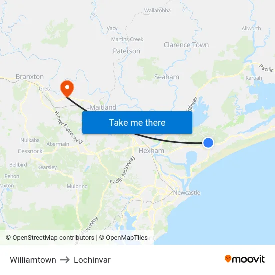 Williamtown to Lochinvar map