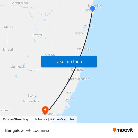 Bangalow to Lochinvar map