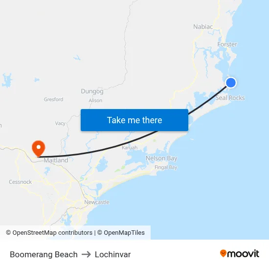 Boomerang Beach to Lochinvar map