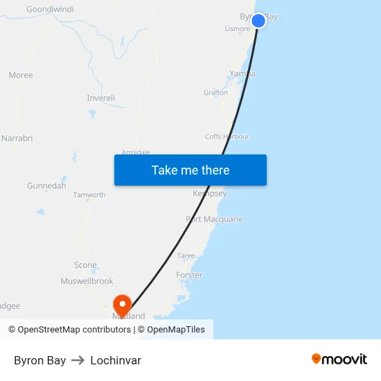 Byron Bay to Lochinvar map