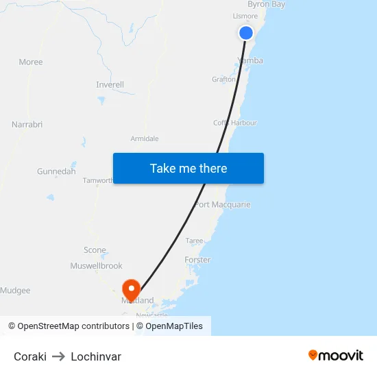 Coraki to Lochinvar map