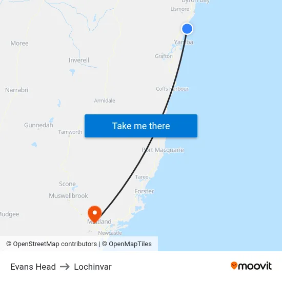 Evans Head to Lochinvar map