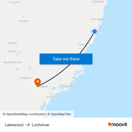 Lakewood to Lochinvar map