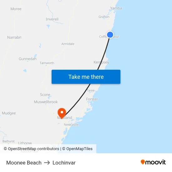 Moonee Beach to Lochinvar map