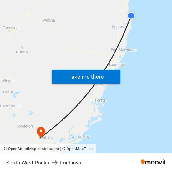 South West Rocks to Lochinvar map