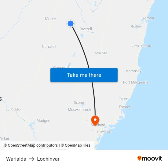 Warialda to Lochinvar map