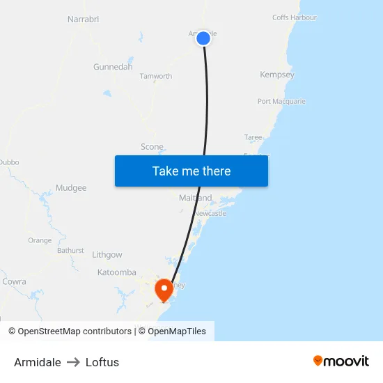 Armidale to Loftus map