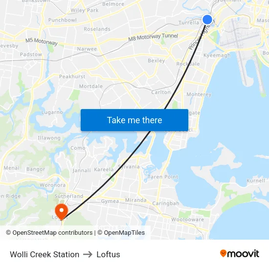 Wolli Creek Station to Loftus map