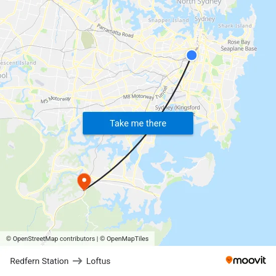 Redfern Station to Loftus map