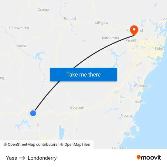 Yass to Londonderry map