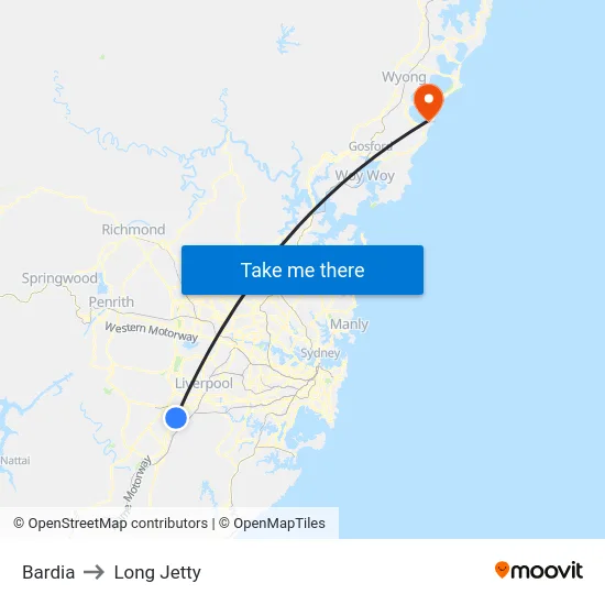 Bardia to Long Jetty map