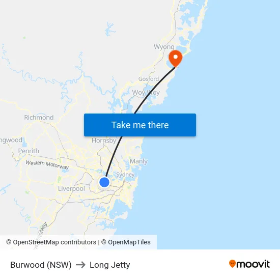 Burwood (NSW) to Long Jetty map