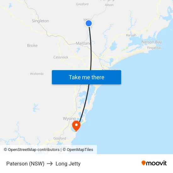 Paterson (NSW) to Long Jetty map