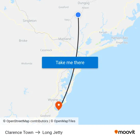 Clarence Town to Long Jetty map