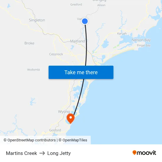 Martins Creek to Long Jetty map
