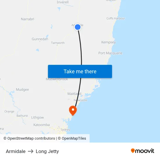 Armidale to Long Jetty map