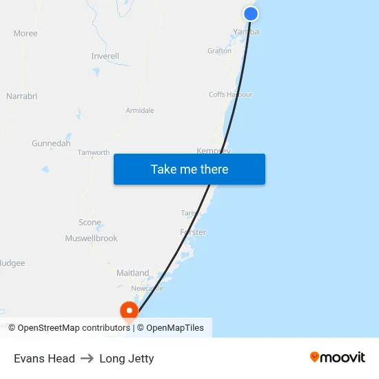 Evans Head to Long Jetty map