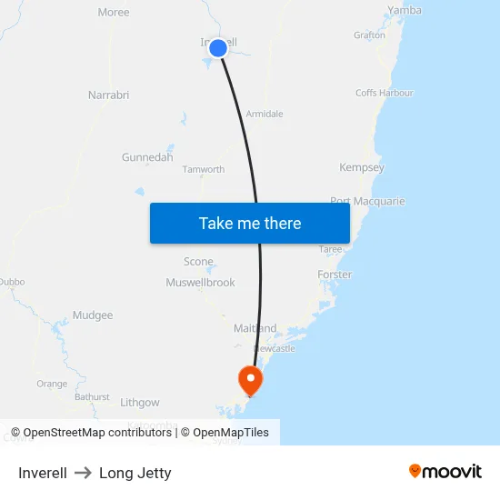 Inverell to Long Jetty map