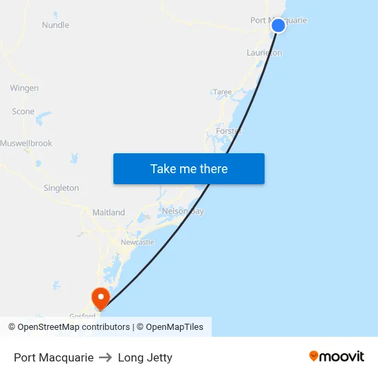 Port Macquarie to Long Jetty map