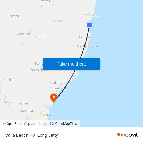 Valla Beach to Long Jetty map