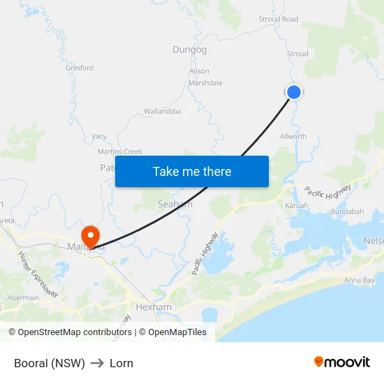 Booral (NSW) to Lorn map