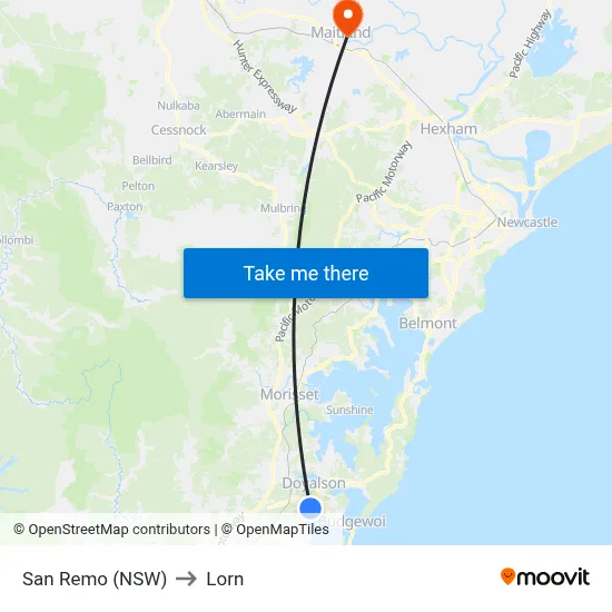 San Remo (NSW) to Lorn map