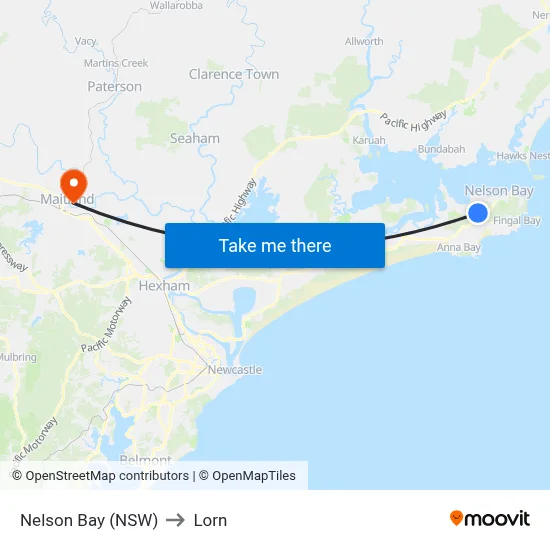 Nelson Bay (NSW) to Lorn map