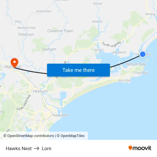 Hawks Nest to Lorn map