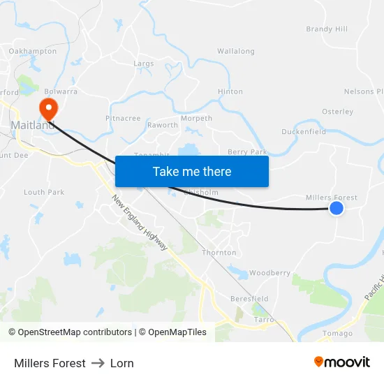 Millers Forest to Lorn map