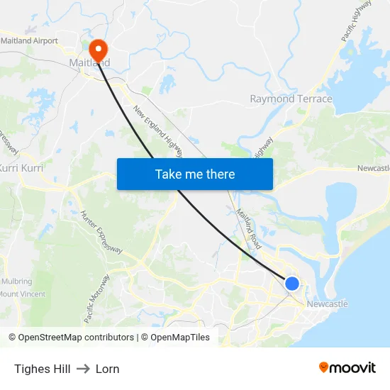 Tighes Hill to Lorn map
