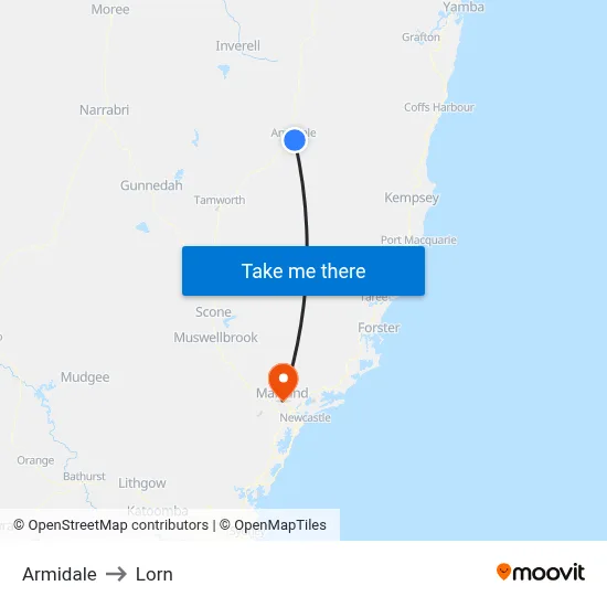 Armidale to Lorn map