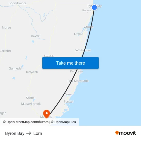 Byron Bay to Lorn map