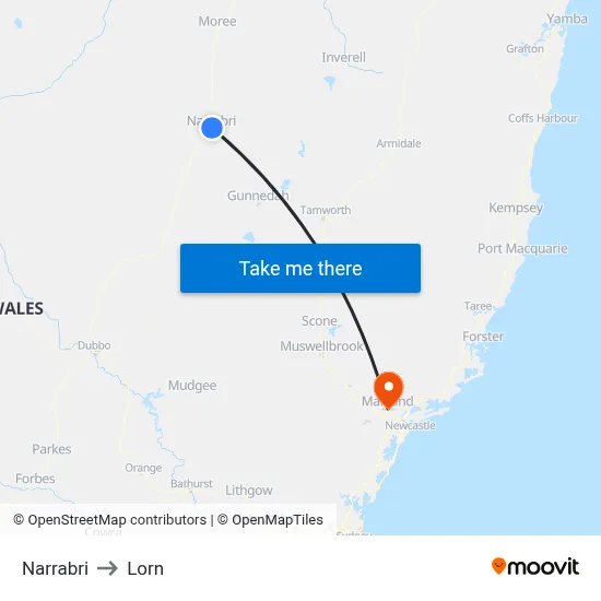 Narrabri to Lorn map