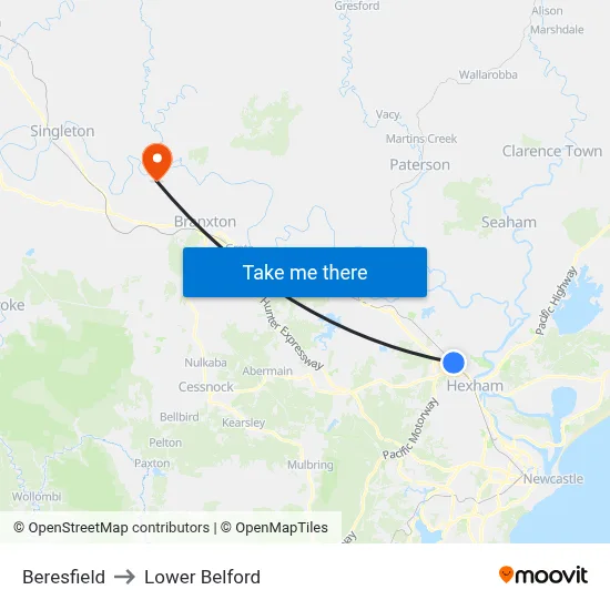 Beresfield to Lower Belford map