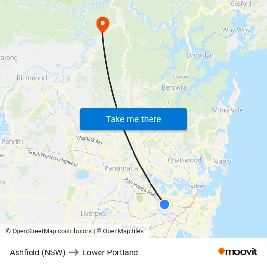Ashfield (NSW) to Lower Portland map