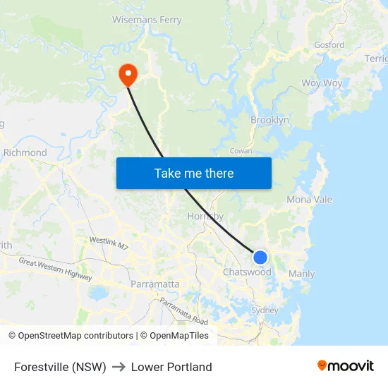 Forestville (NSW) to Lower Portland map
