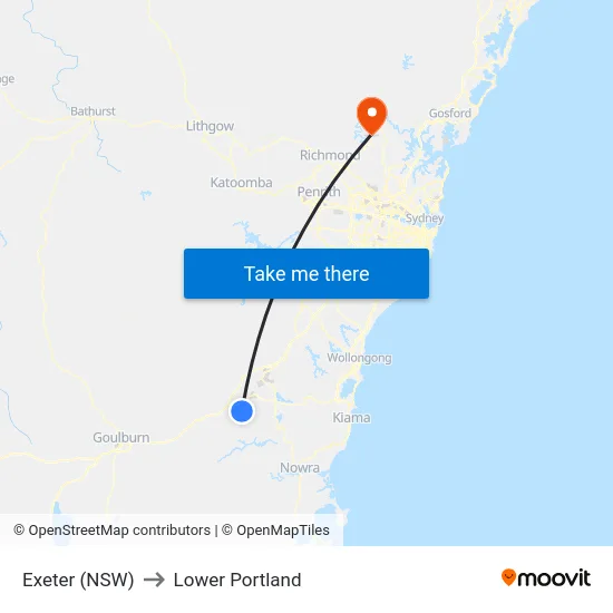 Exeter (NSW) to Lower Portland map
