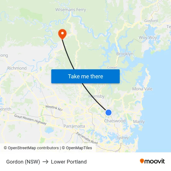 Gordon (NSW) to Lower Portland map