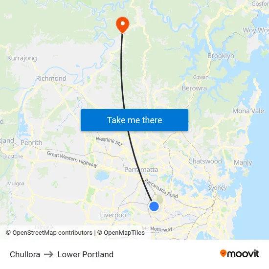 Chullora to Lower Portland map
