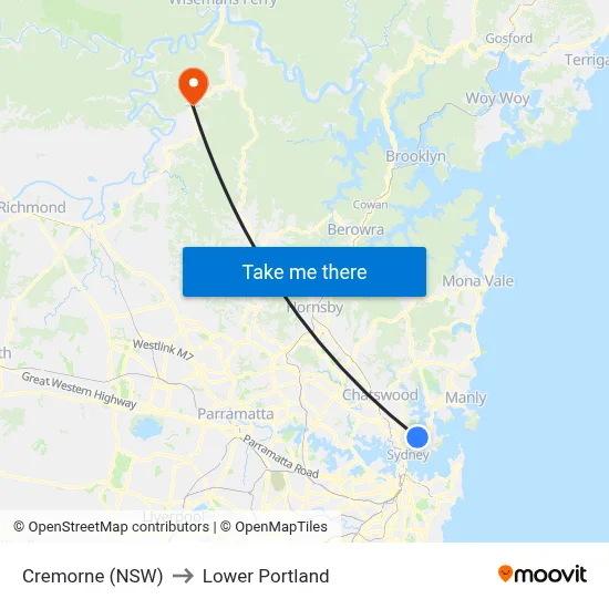 Cremorne (NSW) to Lower Portland map