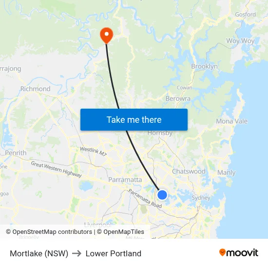 Mortlake (NSW) to Lower Portland map