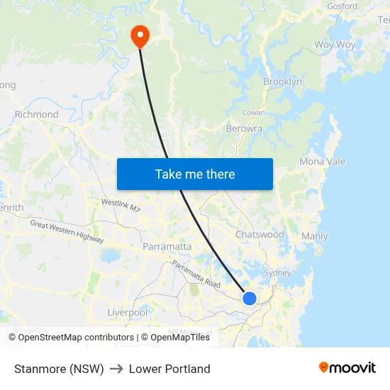 Stanmore (NSW) to Lower Portland map