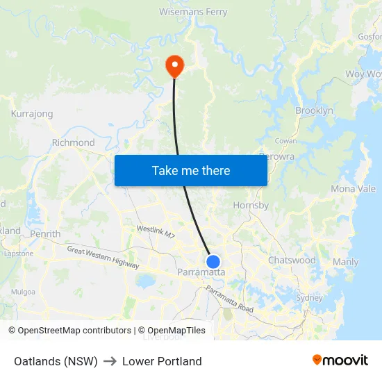 Oatlands (NSW) to Lower Portland map