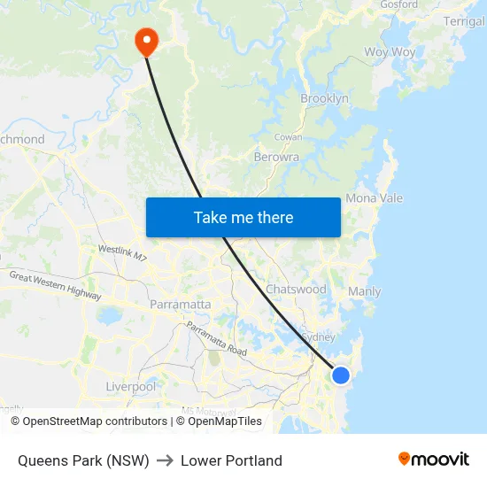 Queens Park (NSW) to Lower Portland map