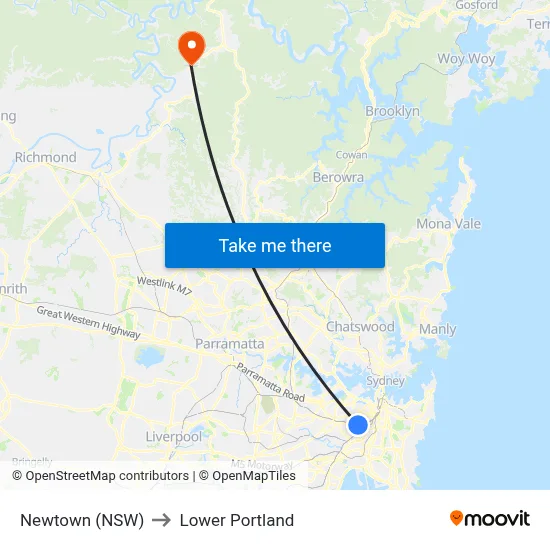 Newtown (NSW) to Lower Portland map