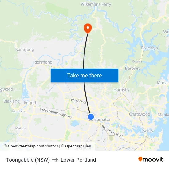 Toongabbie (NSW) to Lower Portland map